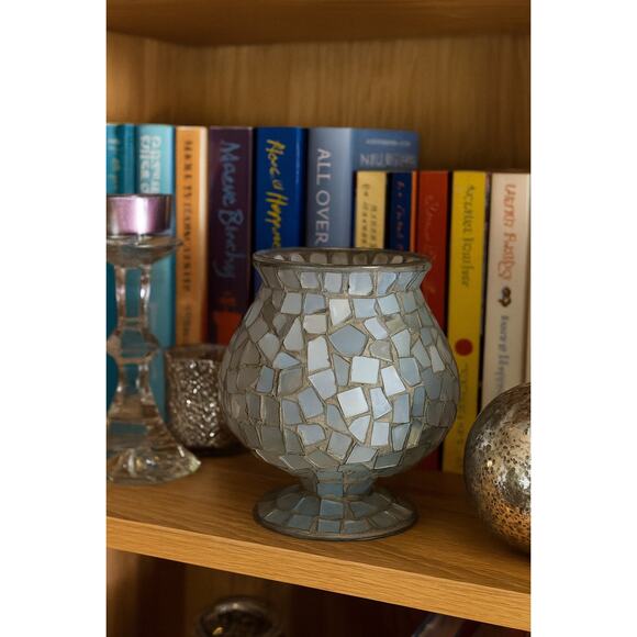 Vintage Mosaic Glass Pedestal Vase CandleHolder 8” tall Silvery Gray - Picture 6 of 7